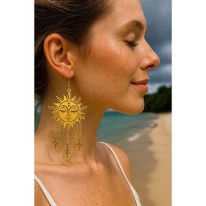 Gold Sun Face Dangle Earrings Celestial Star Chain Drop Boho Jewelry new‎